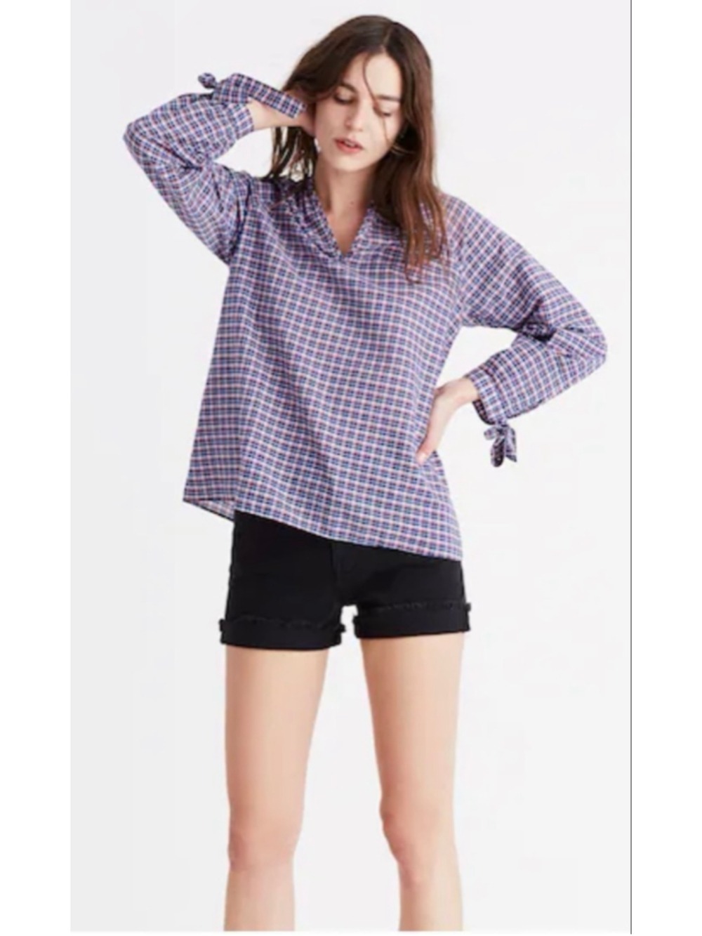 Madewell Tie-Sleeve Popover Top Linen Blend in Whitby Plaid Size Large